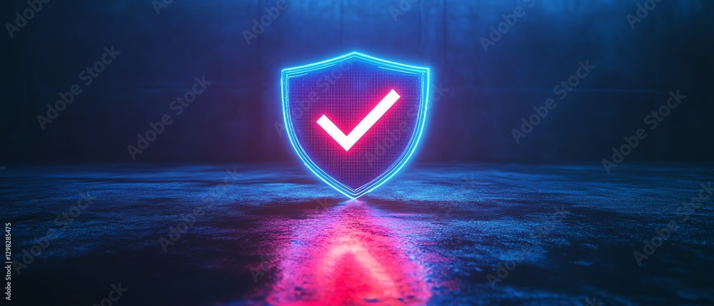 Poster digital 3d blue and red glowing shield with check marks