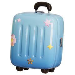 Blue rolling luggage with stickers. 3D cute cartoon travel bag for airport, tourism, and business trip theme.
