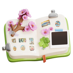 Travel scrapbook or diary. 3D cute cartoon memory book with cherry blossoms, clover, and travel stamps for journaling, vacation, and adventure theme.