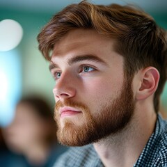 Obraz premium Pensive Man with Beard Looking Upward