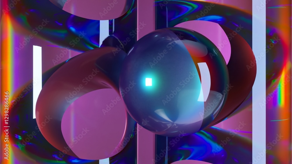 Poster abstract animation shows a reflective sphere moving through an iridescent, purple and blue structure