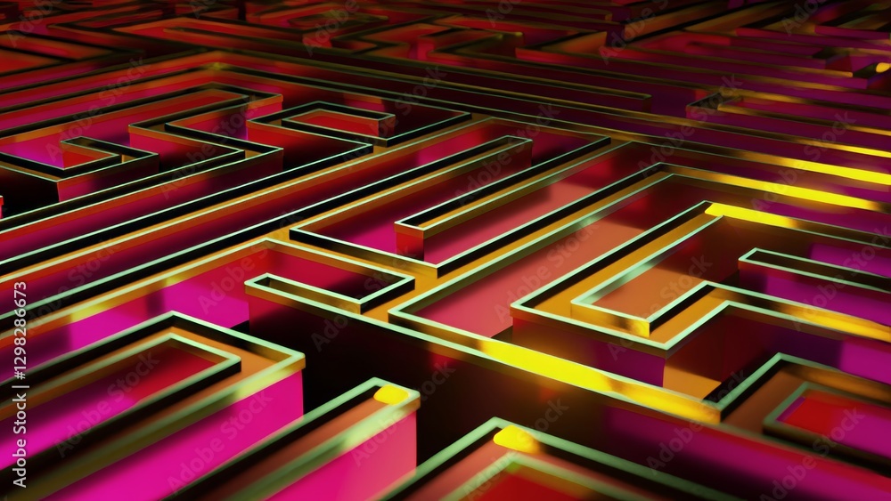 Poster magenta and gold maze walls are slowly changing, creating a mesmerizing visual effect, ideal for pro