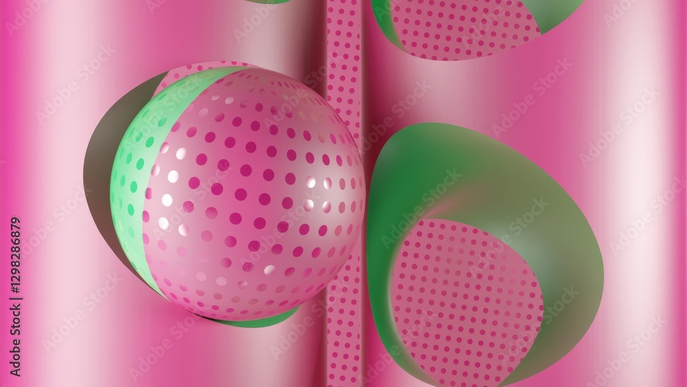 Poster vibrant green and pink dotted ball bouncing dynamically inside geometric abstract structure, creatin