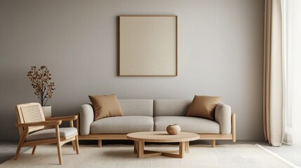 Cozy minimalist living room with natural light, wooden furniture, and neutral color palette, modern design