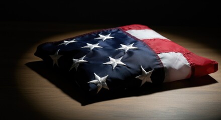 Folded United States flag illuminated under spotlight on wooden surface