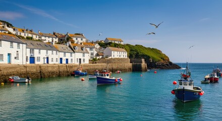 Cozy coastal village with boats docked in calm blue harbor under clear sky