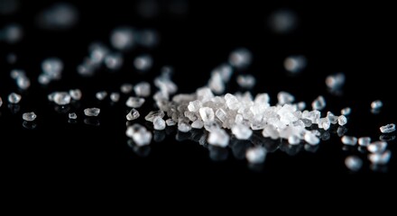 White salt crystals on dark reflective surface