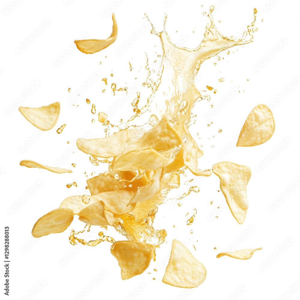 Poster potato chips splashing in water creating a dynamic and vibrant visual of snack time fun, potato chip