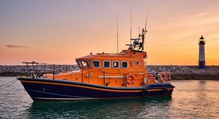 Fototapeta premium Orange lifeboat at sunset with lighthouse in background