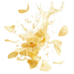 Naklejka premium Potato chips splashing in water creating a dynamic and vibrant visual of snack time fun, Potato chips splashing isolated