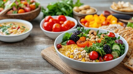 Colorful and Healthy Salad Bowl with Fresh Vegetables, Fruits, and Nuts on a Wooden Table Setting