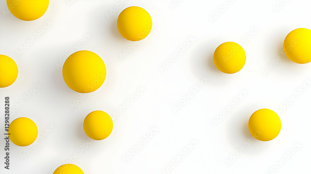 Poster scattered yellow spheres floating against a white background with soft shadows and clean lines