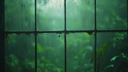 Misty window view of jungle