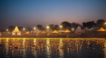 Fototapeta premium Evening festival where floating lamps illuminate river during traditional celebration