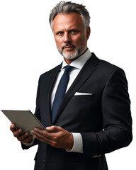 Confident businessman holding digital tablet on transparent background
