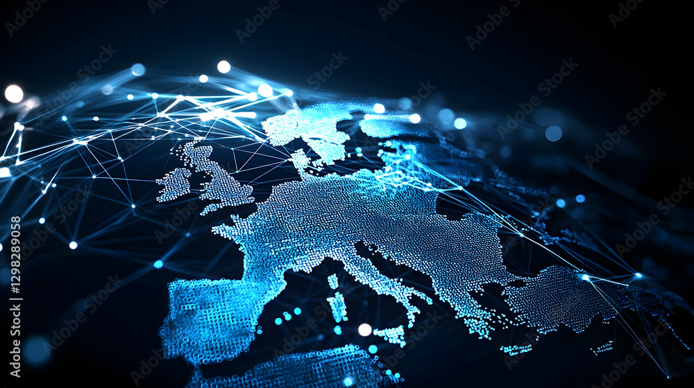 Poster abstract digital world map representing network connectivity and data transmission in blue tones