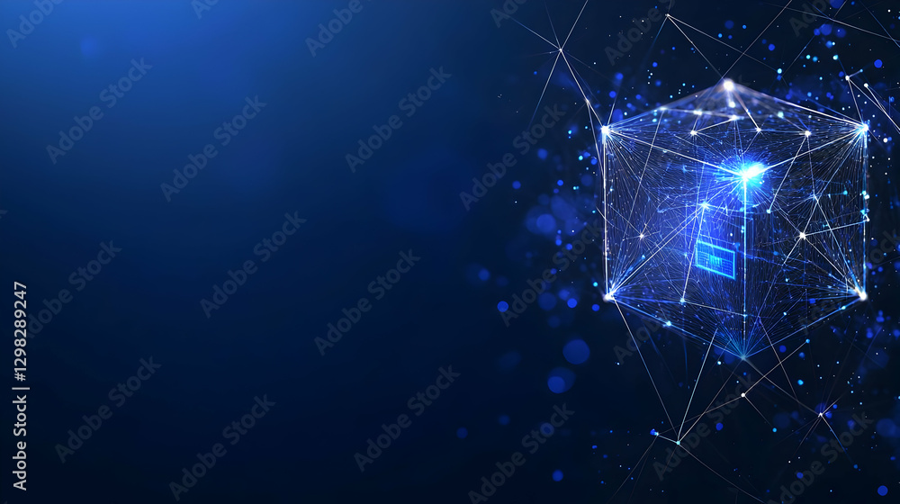 Aufkleber abstract geometric digital cube floating in dark blue space with glowing points