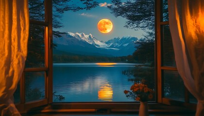 Obraz premium Moonlit lake view from window