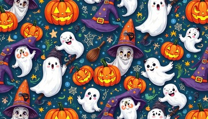Spooky halloween-themed doodles like witches, pumpkins, and ghosts on a seamless pattern, pattern, ghosts