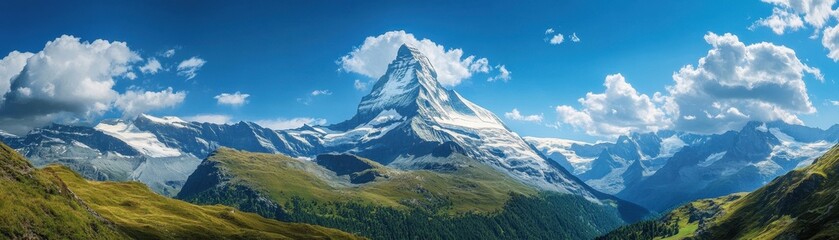 In the background, a majestic mountain rises dramatically, its towering peak piercing the sky, surrounded by wispy clouds and a vibrant blue backdrop, showcasing nature's grandeur.