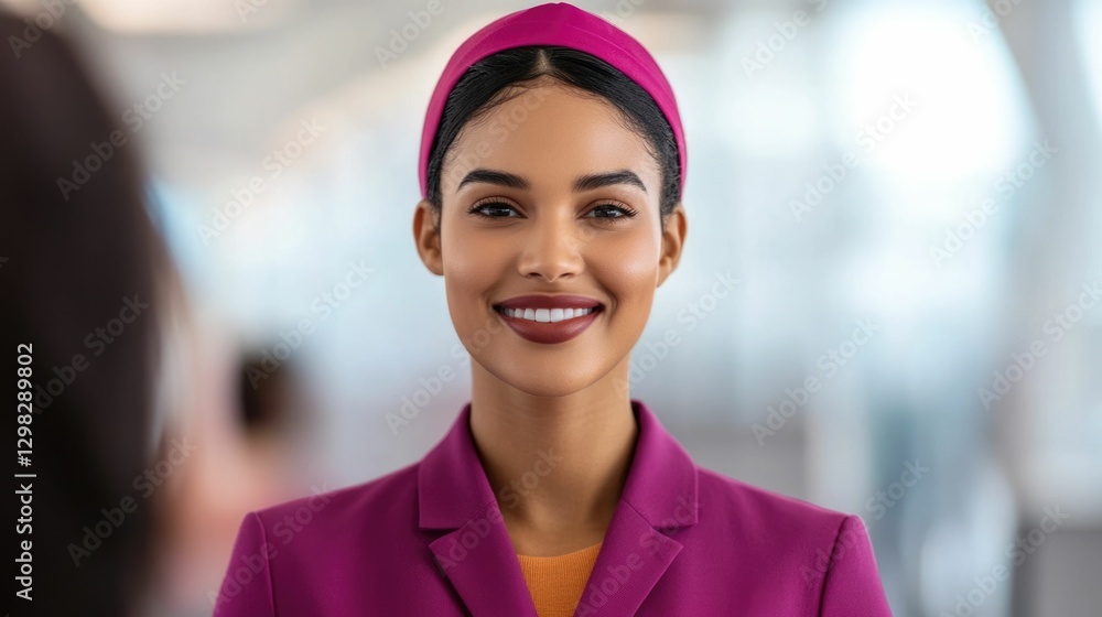 Poster closeup portrait of a smiling and friendly flight attendant assisting a passenger at the airport ter
