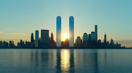 Obraz premium City Skyline At Sunset With Skyscrapers Silhouetted Against The Horizon Reflecting On Calm Water