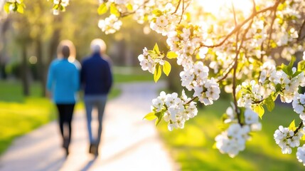 Obraz premium Couple Walking Through Spring Orchard Blossoms