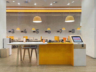 Empty bank reception office interior background