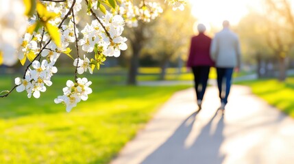 Obraz premium Couple Walking Hand In Hand Amidst Cherry Blossoms