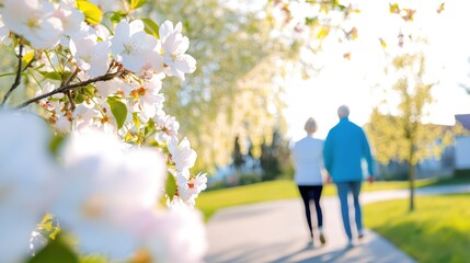Obraz premium Golden Sunset Walk Through Blooming Cherry Trees