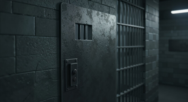 Cell door in prison hallway with barred window, featured image for crime story