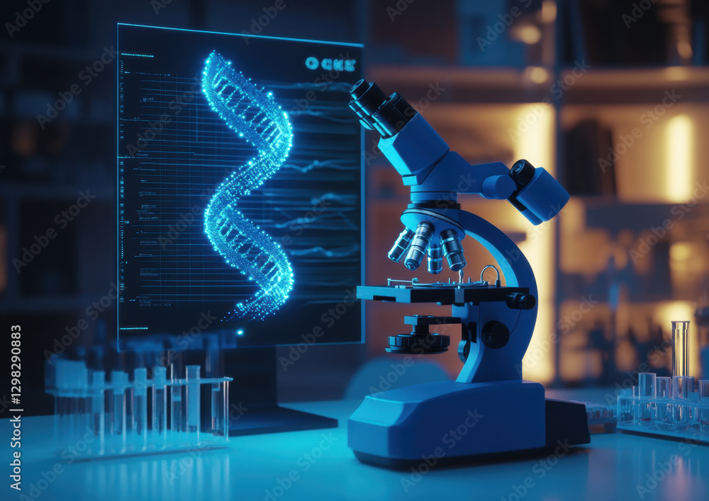 Poster microscope is positioned on a table while a digital visualization of a dna strand illuminates the ba