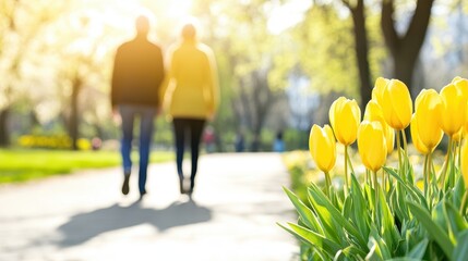 Obraz premium Couple Strolling Through A Path With Yellow Tulips