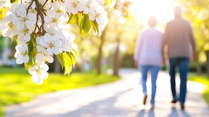 Obraz premium Couple Walking Beneath White Flower Blooms