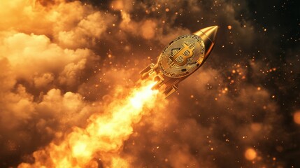 Bitcoin Rocket. Growth Rate of Gold Coin in Cryptocurrency Business Concept