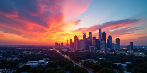 Sunrise over Houston skyline, colorful clouds in sky, urban cityscape, architecture, Texas