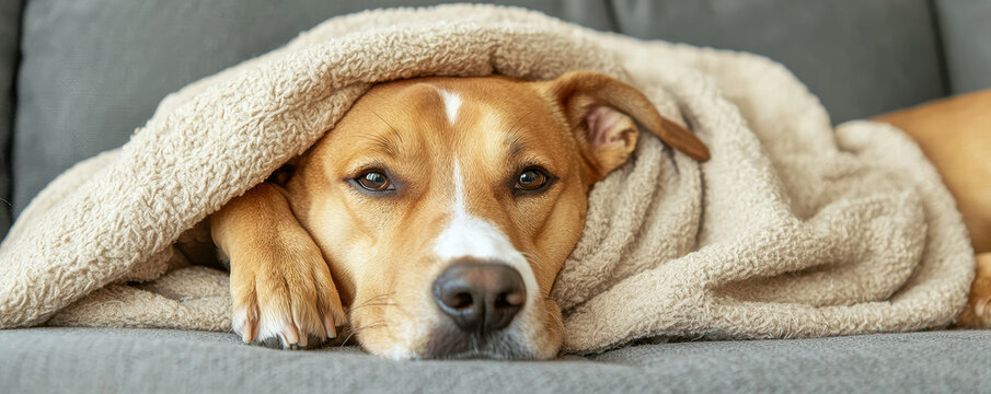 Dog lying on couch under cozy blanket, looking relaxed