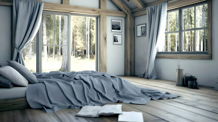 Serene Bedroom 3D Render, Wooden Cabin