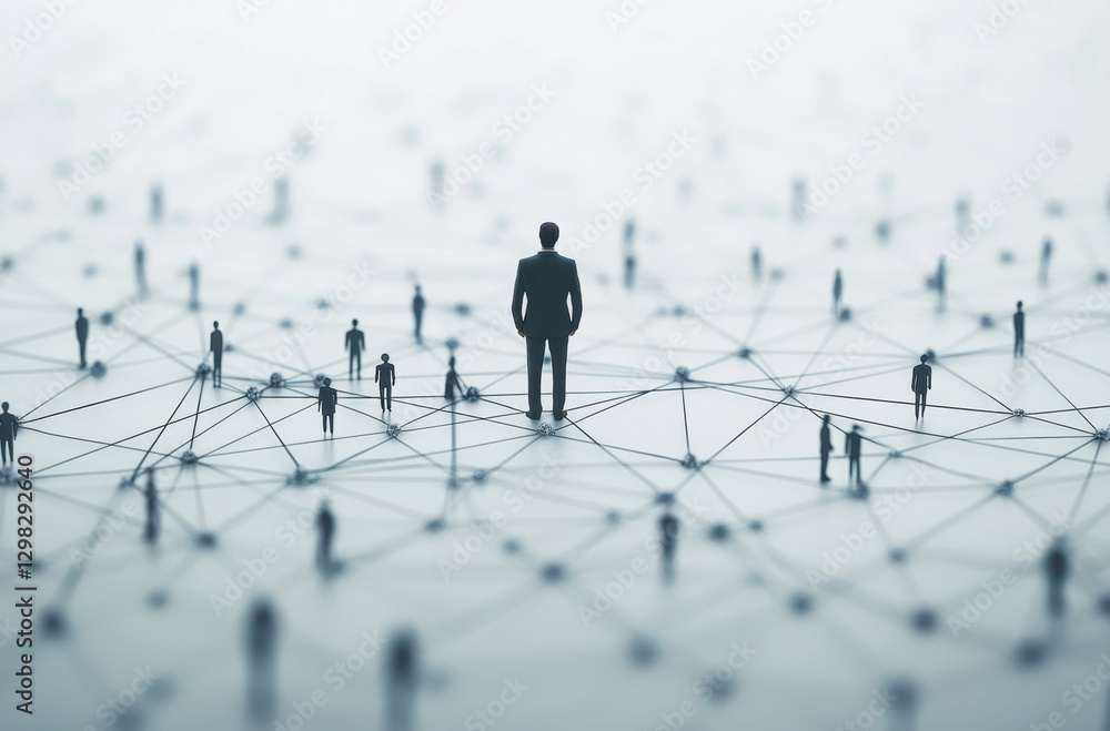 Poster a businessman stands at the center of a vast network, symbolizing authority and connection in a digi