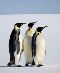 Fototapeta premium Two king penguins stand isolated on icy Antarctic rocks