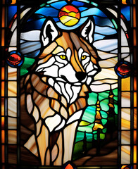 Colorful stained glass church window with religious art patterns