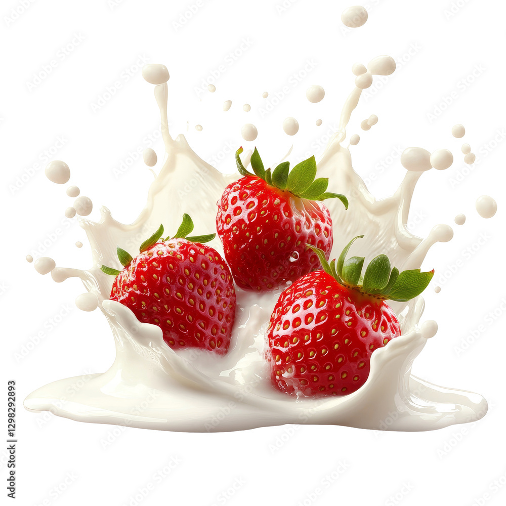 Poster fresh strawberries splashing into creamy milk in a vibrant and refreshing display on a transparent b