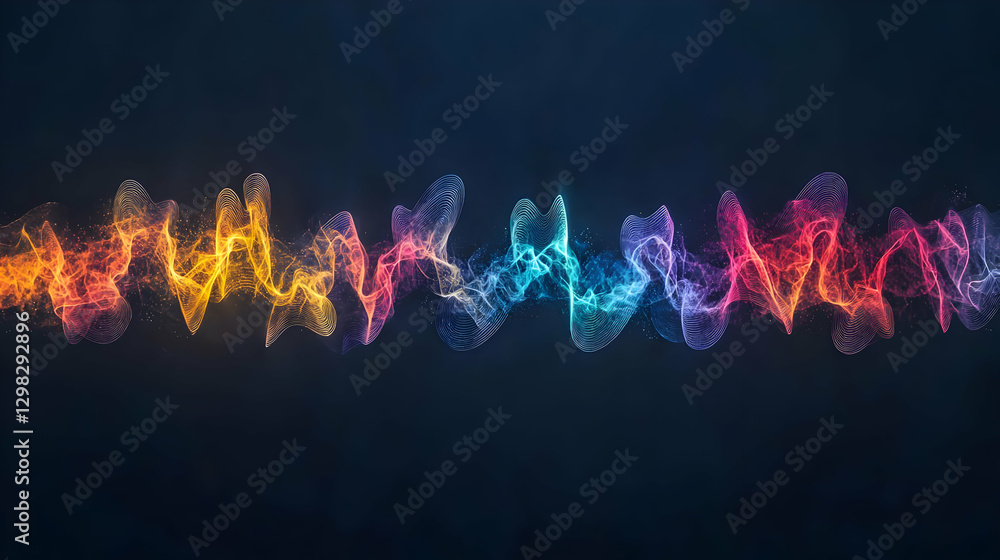 Poster colorful abstract wave of particle in motion with dark background lighting