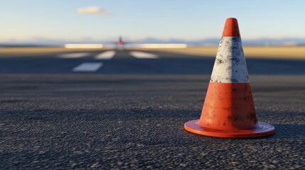 Close-Up of Traffic Cone on Airport Tarmac with Blurred Runway Background