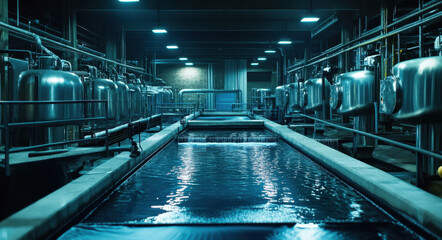 Obraz premium An industrial water treatment facility features a calm pool, metallic tanks, and bright lights, highlighting technology and efficiency