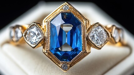 This exquisite image showcases a stunning sapphire ring elegantly displayed, highlighting its intricate design, luxurious feel, and the beauty of fine jewelry craftsmanship.