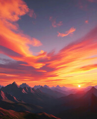 Fototapeta premium Evening sunlight paints the mountain cloudscape with red and orange hues