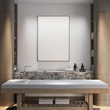 Frame mockup, ISO A paper size. SPA wall poster mockup. Interior mockup with Wellness center background. Modern interior design. 3D render
