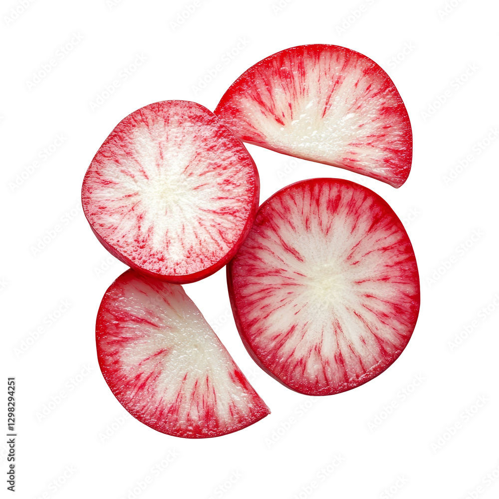 Poster fresh radish slices on a transparent background showcasing vibrant colors and unique textures, perfe