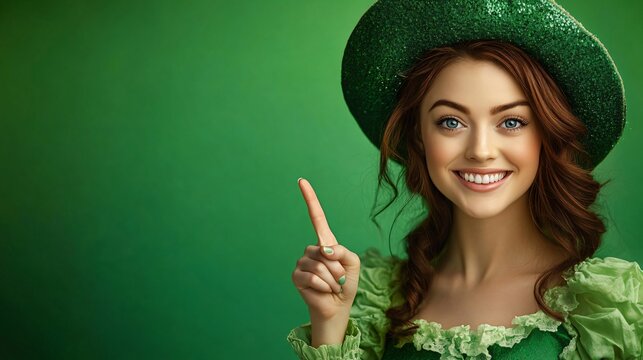 A joyful woman in a vibrant green Irish costume celebrating St. Patrick's Day, perfect for holiday promotions, event invitations, and festive marketing materials.